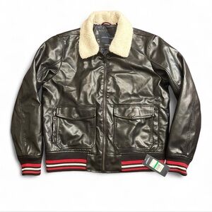 NWT Tommy Hilfiger Black Faux Leather Bomber Jacket with Sherpa Collar Men’s L
